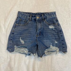 SHEIN Distressed Medium Blue High-Rise Denim Shorts